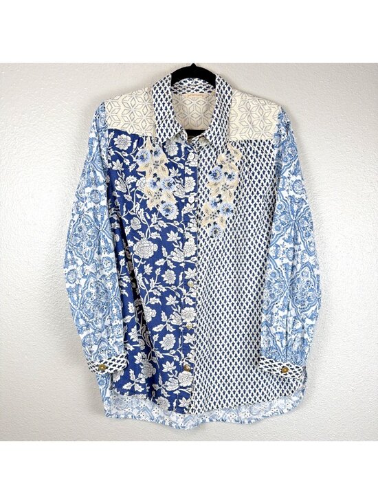 Soft Surroundings Tops - Soft Surroundings Patchwork Prairie Shirt Large Blue Floral Cottagecore Boho
